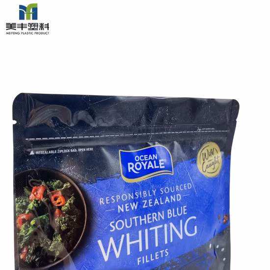 Bolsa transparente personalizada para alimentos congelados com reforço lateral e fundo plano