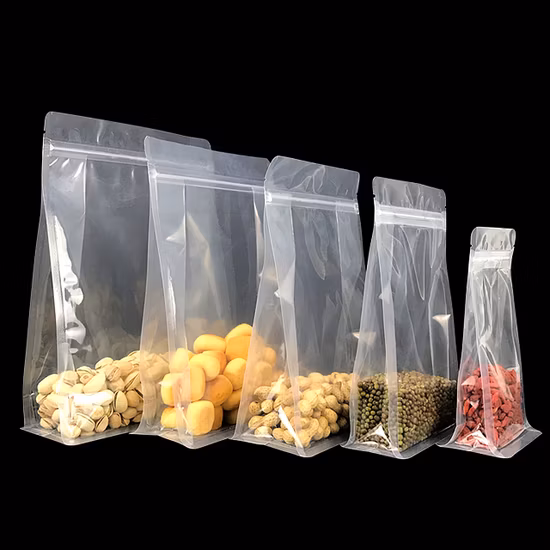 Caixa de bloco plano transparente transparente com fundo de plástico com alça de poliéster resselável Ziplock Sacos de embalagem de alimentos Bolsas