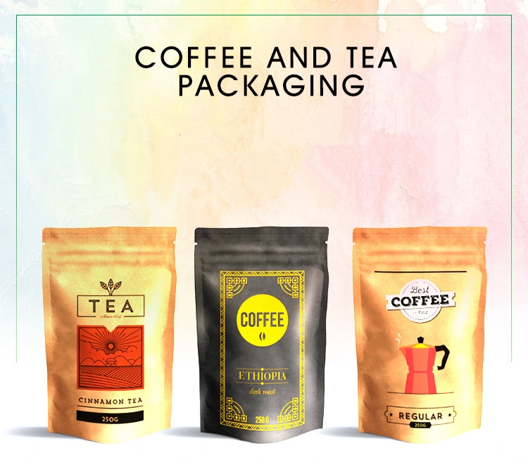 Customerized Printing Flat Bottom Bag Tea Coffee Pouch with Zipper Clear Plastic Kraft Paper Packaging Bags