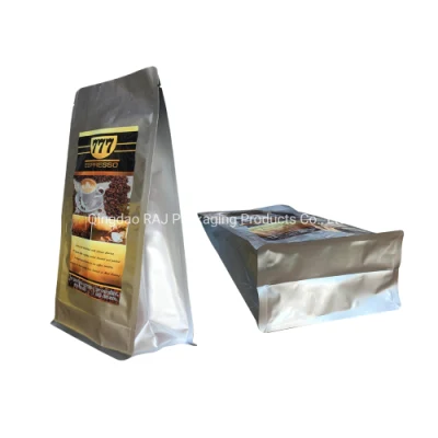 Bloco de saco de embalagem de grãos de café de alumínio com fundo plano com sacos de válvula