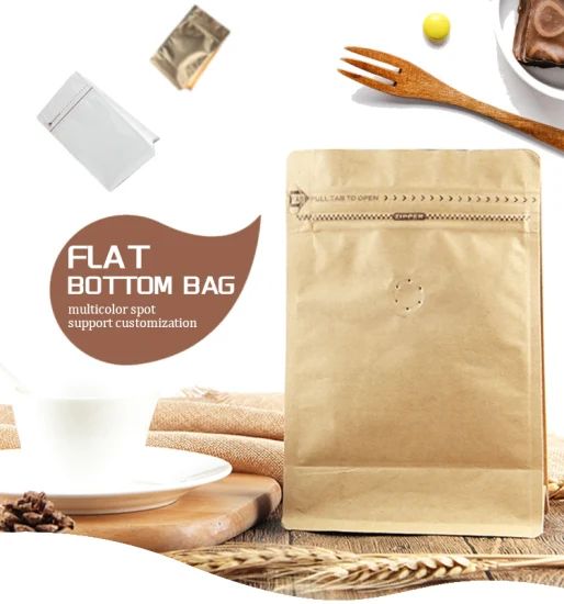 Bolsa de reforço lateral com vedação quádrupla para embalagem de café, bolsa de fundo plano de folha de alumínio para café em pé com válvula