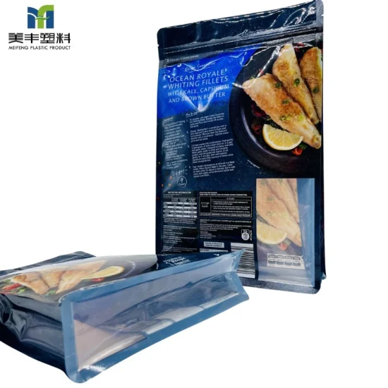 Bolsa transparente personalizada para alimentos congelados com reforço lateral e fundo plano