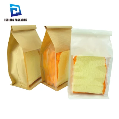 Saco de comida para pão de papel kraft laminado de tamanho personalizado com reforço lateral plano com laço de estanho