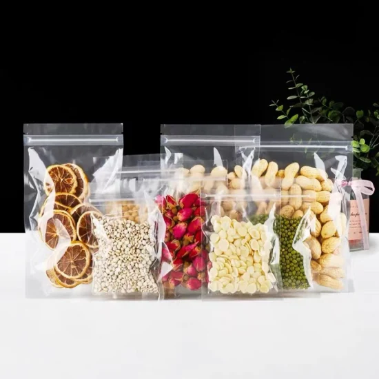 Saco de embalagem de alimentos com zíper personalizado eco reciclável reutilizável transparente estampado bolsas de fundo plano