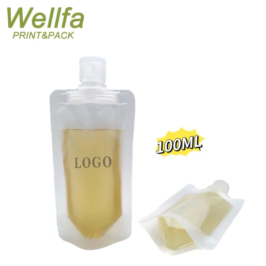 Logotipo personalizado impresso 100ml Loção Transparente Shampoo Líquido Amostra de Viagem Plástico Garra Embalagem Saco Refil Bico Bolsa