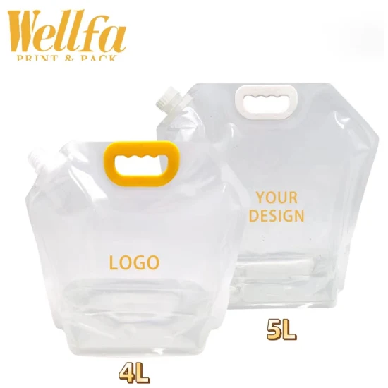 Embalagem transparente personalizada para bebida de suco de cerveja de grau alimentício 2L 4L 5L galão dobrável portátil saco de água plástico bolsa de bico líquido